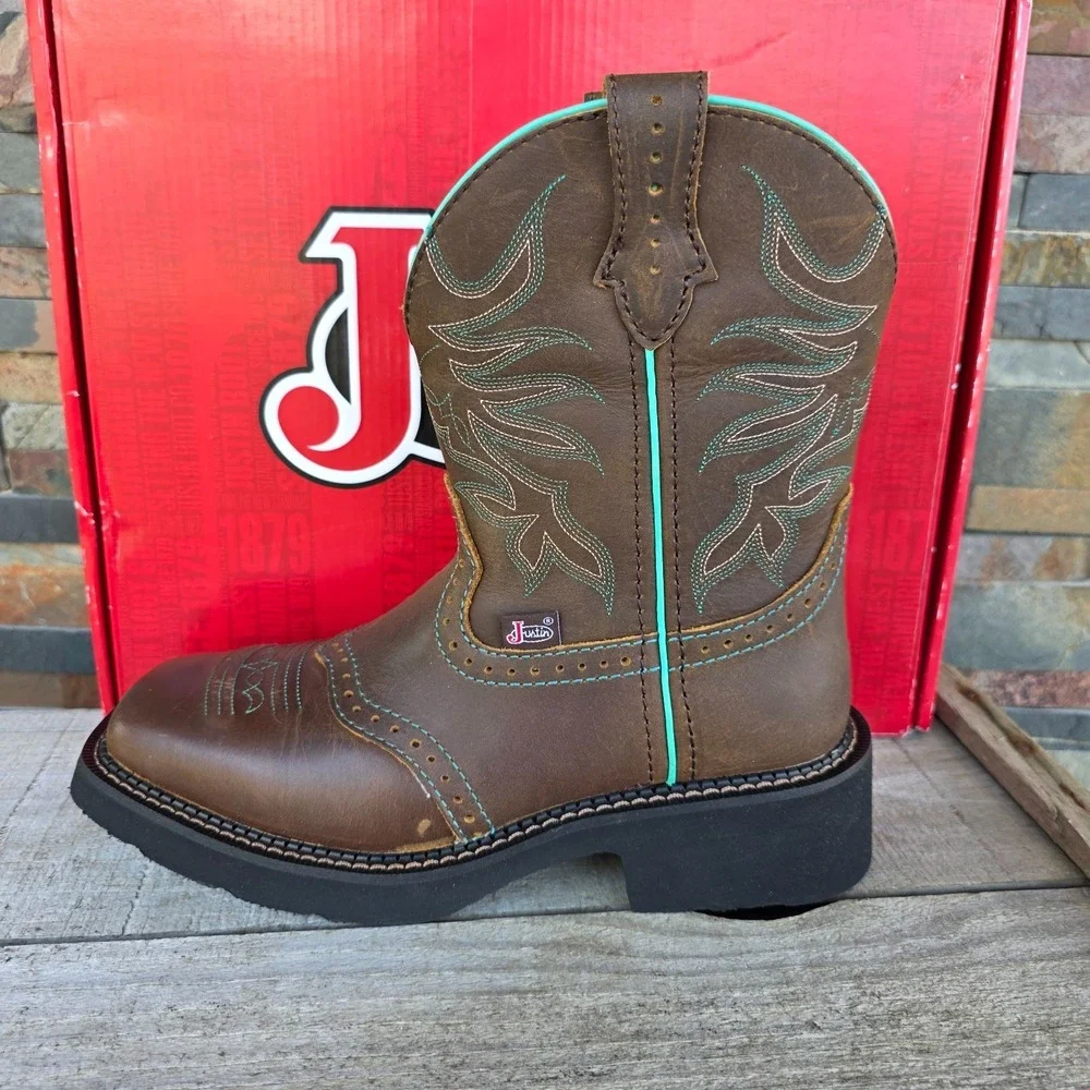 Justin Mandra Chocolate Water Buffalo Wide Square Toe Boots Size 6.5 B GY9624 - Picture 12 of 16